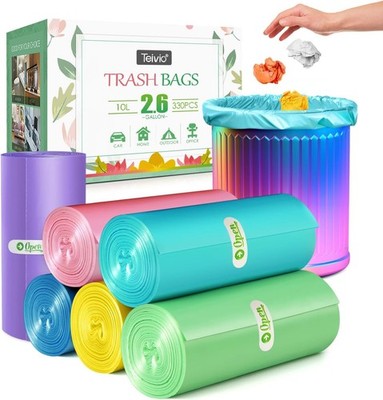 2.6 Gallon/330Pcs Strong Trash Bags Colorful Clear Garbage Bags by Teivio, Bathr