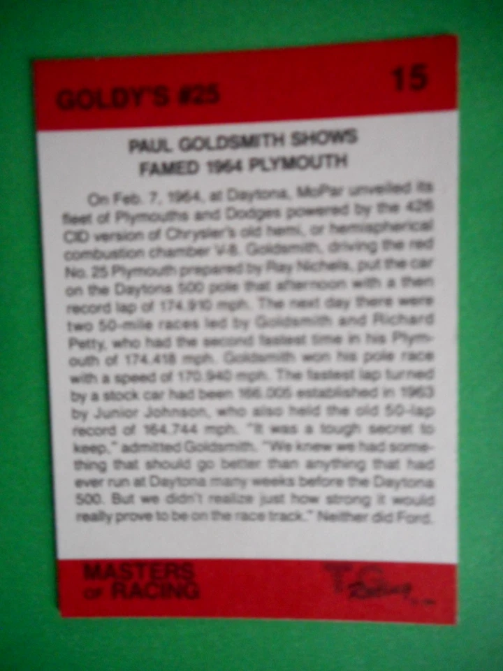 Paul Goldsmith signed 1989 TG MASTERS of RACING #25 1964 Plymouth GN/WC Card #15 - Image 3 of 3