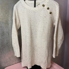 Loft Womens Medium Sweater White Speckled Knit Button Shoulder 3/4 Sleeves