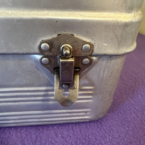Vintage Non Rust Aluminum Sanit-Kit Lunch Box Leather Handle Metal Miner Pail - Picture 15 of 22