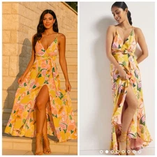 Hutch x Anthropologie Yellow Fruit Print Wrap Maxi Dress XL NWT Tropical Beach