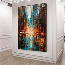 Hand Painted Oil Painting On Canvas 3D Abstract City Colorful Modern Red