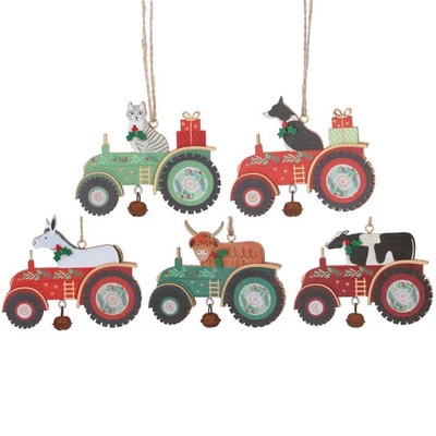 GISELA GRAHAM Tractor Christmas Tree Wooden Hanging Decoration Farm Animals - 5 Designs Xmas