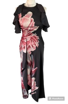Ted Baker Ulrika Maxikleid Tranquility Schwarz Satin Rosa Blumendetail 0 UK 4 6