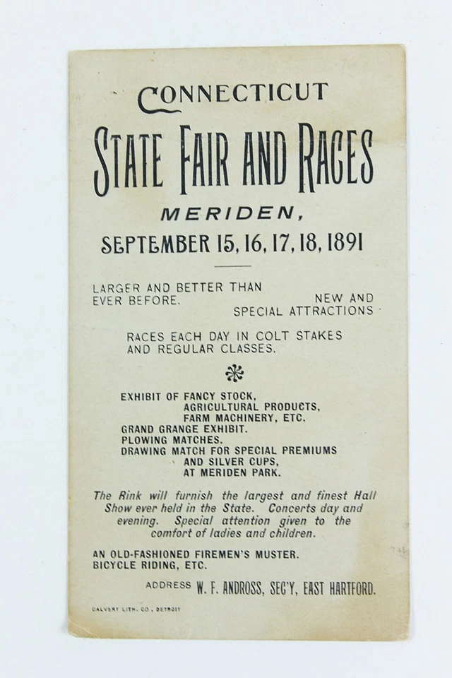 Cartão comercial 1891 CONNECTICUT STATE FAIR and RACES Meriden CT colorido litografado - Imagem 3 de 3