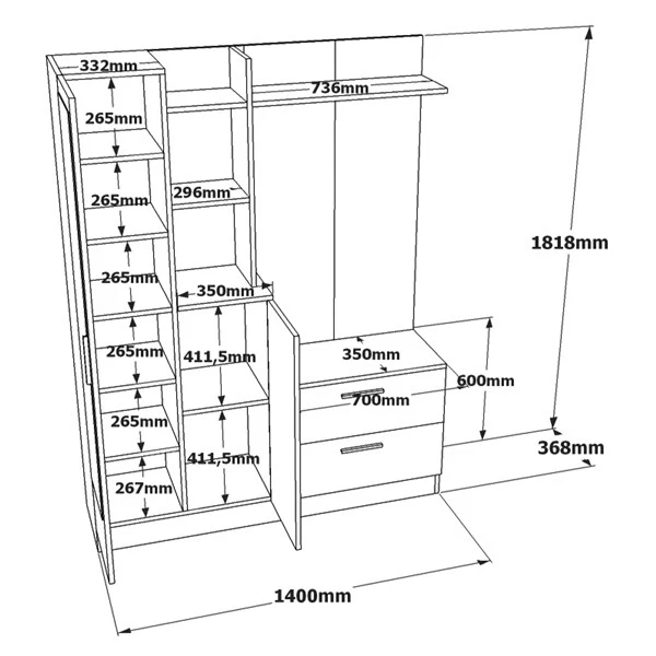 Mobile Ingresso Scarpiera Appendiabiti Specchio 140x37x182 Bianco Wisdom - Immagine 2 di 4