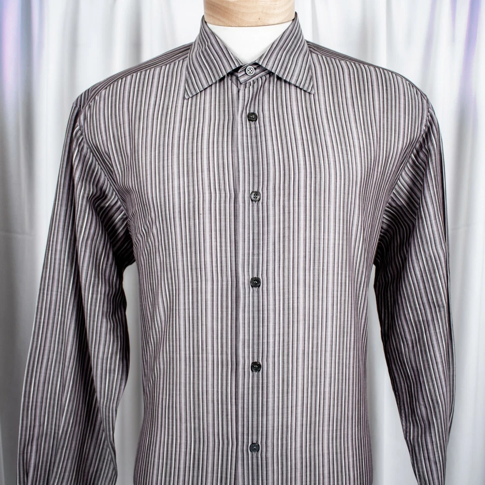 Camisa social masculina Z ZEGNA roxa lavanda cinza bronzeada listrada algodão tamanho XL - Imagem 4 de 4