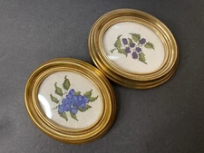 2 Vintage Oval Gold Frame Cross Stitch Embroidered Floral 5” by 6”