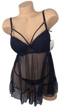 Rene Rofe Push-Up Babydoll Chemise with G-String - Navy Blue Small 2 Piece Set