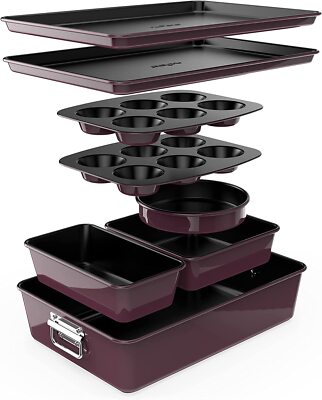 Nutrichef NCBKSTK5 8Pc Stackable Carbon Steel Bakeware-Red