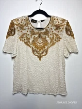 Mark & John By Sam Top Women XL Ivory 100% Silk Beaded Short Sleeve Keyhole Back