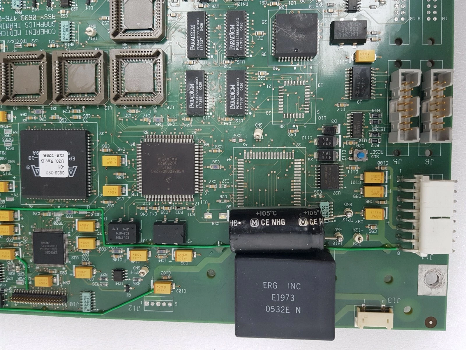 MC68EC030 processor, Paradigm SRAMs, J5 and J6 headers and ERG E1973 module on the Coherent board