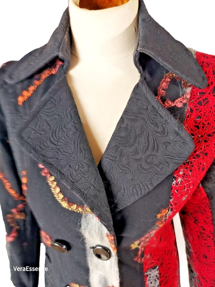 Neslay Paris Anthropologie Black Red Patchwork Brocade Coat Double Breast Size S - Image 4 of 4
