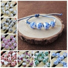 50 X Loose Spacer Beads Charms Floral Porcelain Ceramic Round DIY Jewelry 12mm