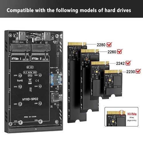 Double Bay NVMe M.2 SSD Enclosure Aluminum USB3.2 Gen2 10Gbps M.2 Type C SSD - Photo 7/8