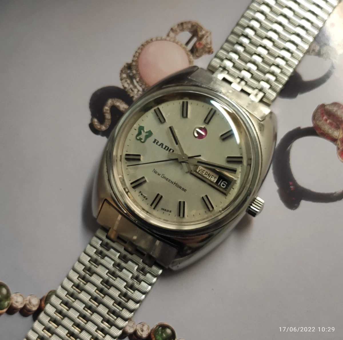 VINTAGE GENTS RADO NEW GREEN HORSE DAY/DATE AUTOMATIC WATCH