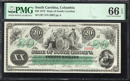 ⭐⭐ 1872 $20 STATE OF SOUTH CAROLINA SC OBSOLETE BANK NOTE PMG 66 EPQ 2092