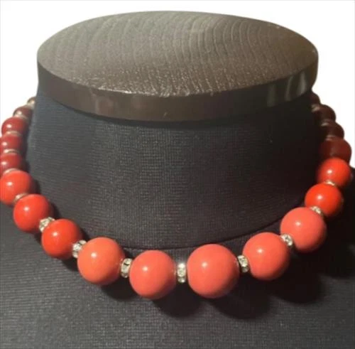 s-l500 Yves Saint Laurent Beads Necklace Red Silver Length: 17 in. w/ Case Vintage