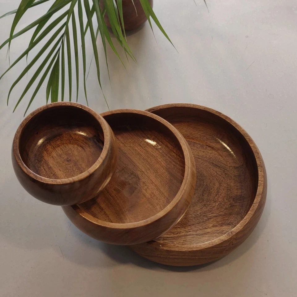 "Juego de 3 cuencos de madera de acacia | Apto para alimentos | Perfecto para comidas frías y calientes" Foto 2 de 4