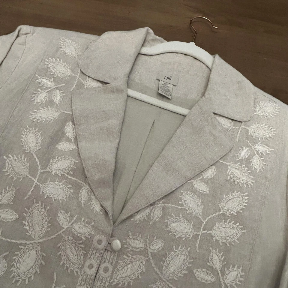 J. Jill Jacket Womens 16P Petite Beige Linen Floral Embroidered Blazer SPOT READ - Image 4 of 4