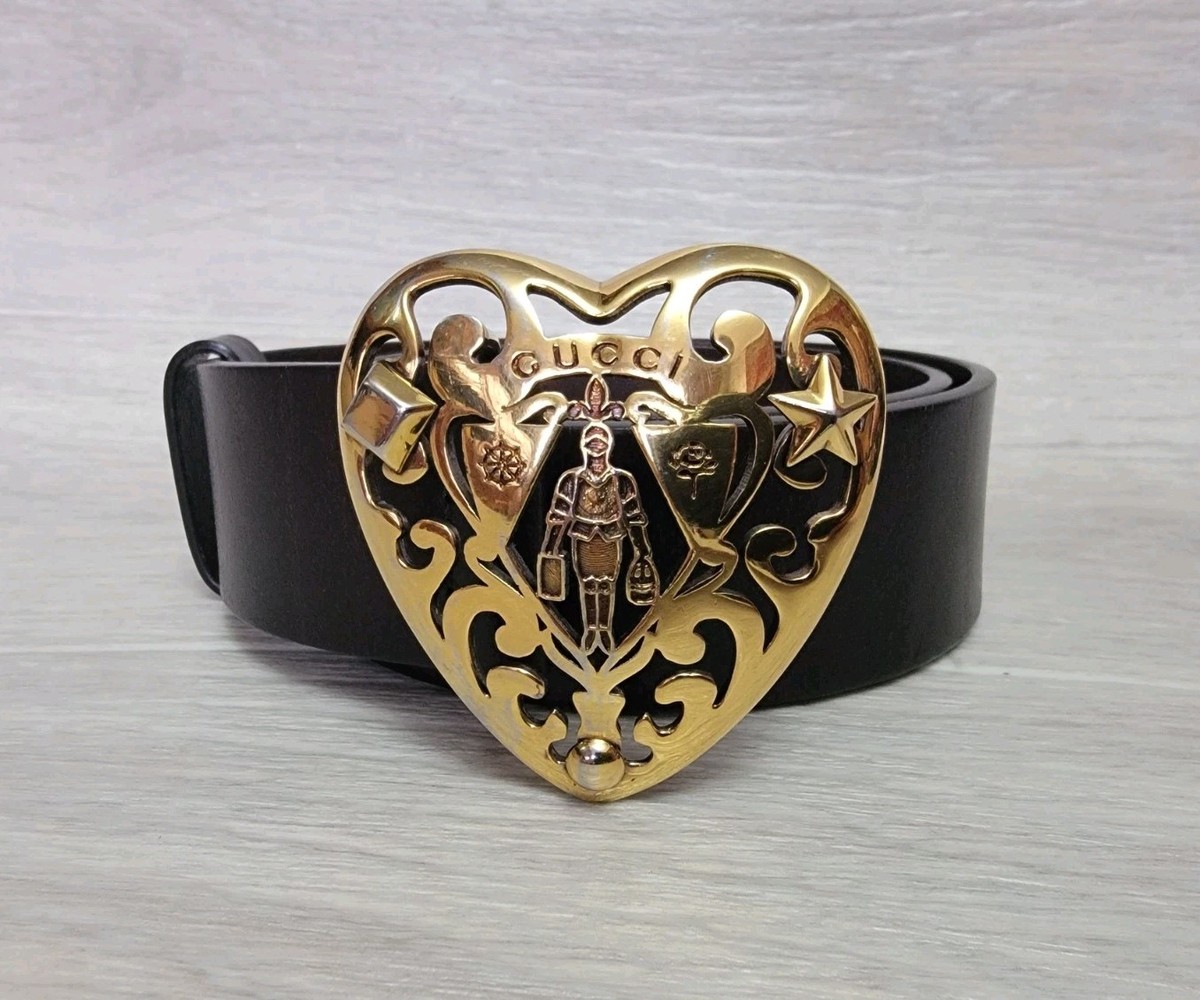 Authentic GUCCI Women Leather Belt Heart Dark Brown Knight Gold Authentic GUCCI Women Leather Belt Heart Dark Brown Knight Gold