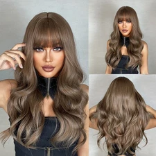 Long Wavy Cosplay Wigs With Bangs Layered Brown Synthetic Hair Heat Resistant