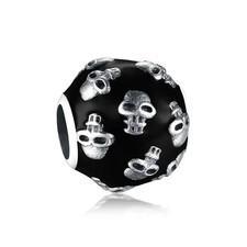 BLACK HALLOWEEN SKULLS STERLING SILVER BRACELET CHARM BEAD  POUCH 