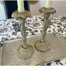 Vintage Ornate Candlestick Holders Pair Distressed Shabby Chic French Country