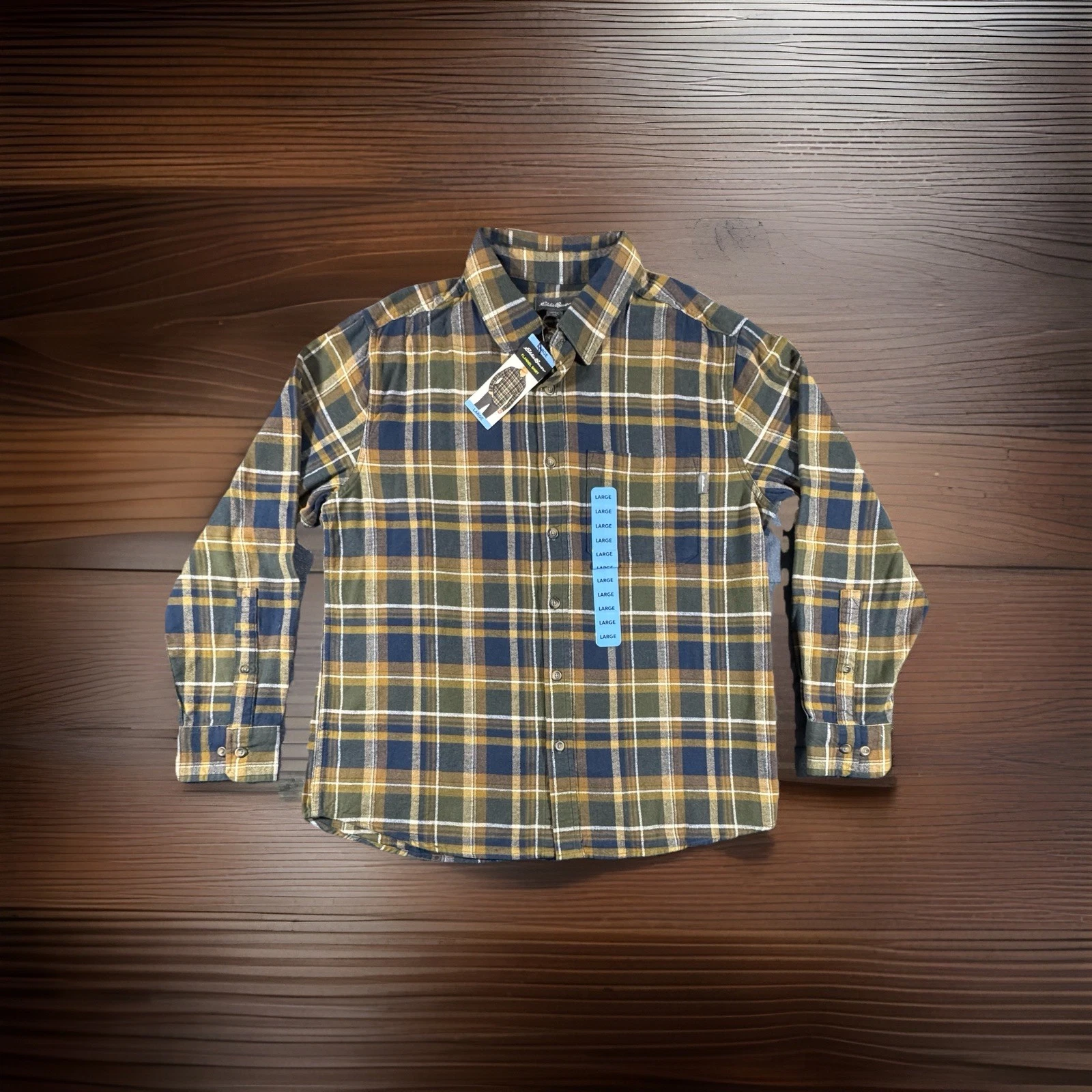 Eddie Bauer Flannel Shirt Long Sleeve Brown Navy Plaid Work Men's Size Large L