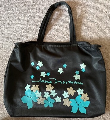 Jane Norman Tote Bag Black Blue Flower Handbag Shoulder