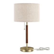 Mid Century Table Lamp, Bedside Lamp with Pull Chain Switch, Solid Wood & Met...