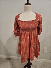 Sachin & Babi Smocked Cotton Mini Dress Orange Embroidered Sleeve Boho XS S