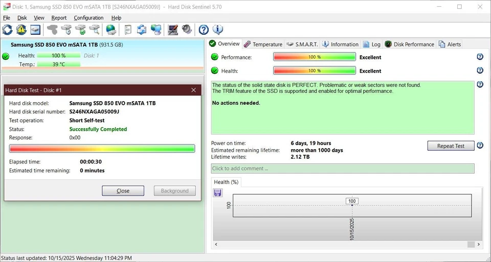 *Low Usage* Samsung 850 EVO mSATA 1TB SSD (MZ-M5E1T0) 3D V-NAND 6Gb/s 1.8" - Image 4 of 4
