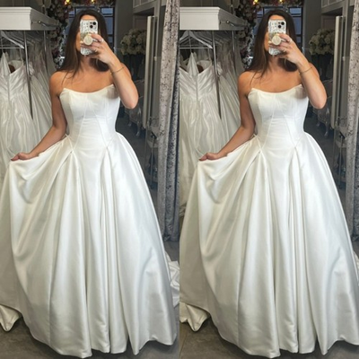#ad Strapless Wedding Dress Simple A Line Satin Sweep Train White Ivory Bridal Gown $122.40