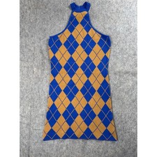 Urban Outfitters Argyle Knit Dress Womens S Blue Brown Cotton Halter Mini Preppy