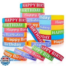 BBTO 48 Pieces Rubber Bracelets for Happy Birthday Gift Silicone Stretch Wris