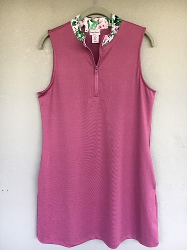 Tommy Bahama Golf Mini Dress Large Athletic 1/4 Zip Pink Floral Mock Neck Tennis - Picture 2 of 14