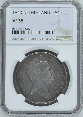NETHERLANDS 2 1/2 Guiden 1840 NGC VF35 Silver Crown One Year Type Wilhelm II