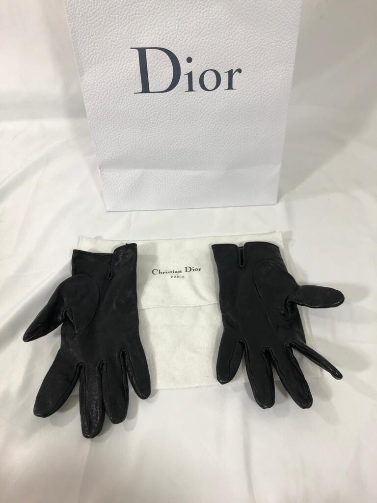 Authentic Christian Dior Womens Gloves Logo Black Leather Cotton