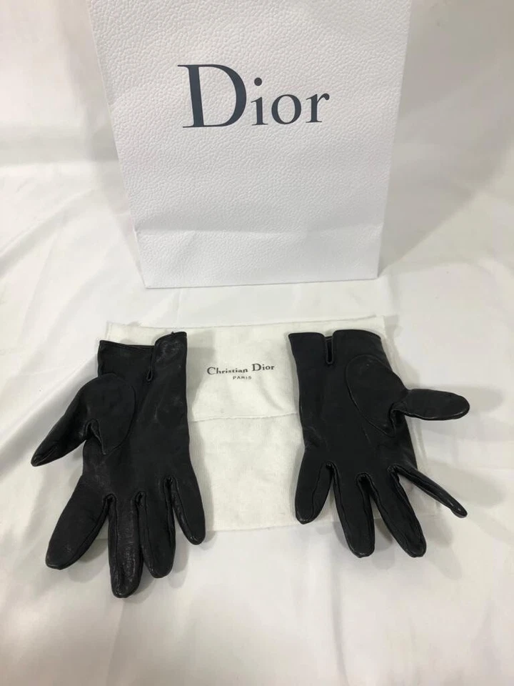 Auténticos guantes Christian Dior para mujer logotipo cuero negro algodón encaje metal  Foto 4 de 4