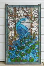 20" x 33.75" Tiffany Style stained glass peacock window panel glass panel HF221