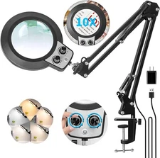 Magnifying Glass Desk Lamp with 10X Swing Arm and Big Clamp Lighted Magnifier