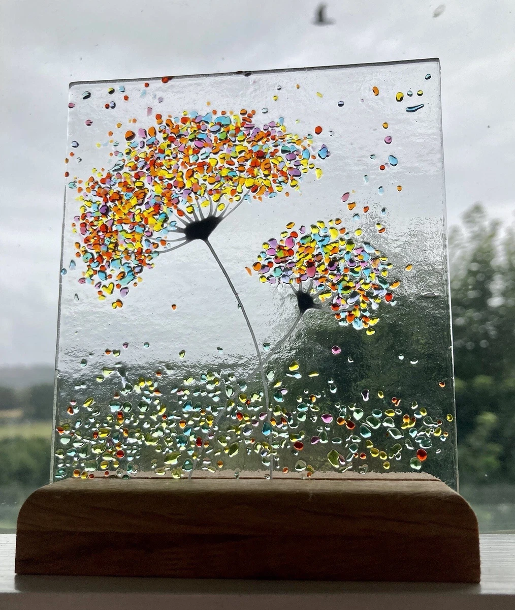 Handmade Rainbow Jewel fused glass art Flower Picture Oak Stand