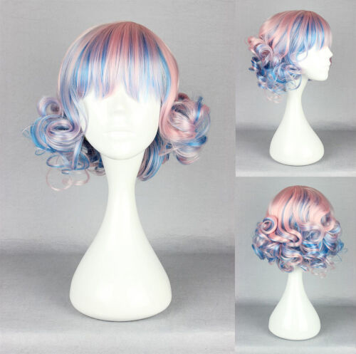 Ladieshair Cosplay Perücke rosa blau mix lockig mit Pony 30cm - Afbeelding 1 van 4