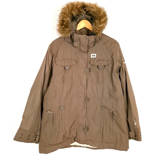 HELLY HANSEN Women Parka Jacket Size XL Brown Insulated Faux Fur Trim Hooded