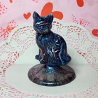 Fenton  Hand Painted OOAK  Red, White, & Blue Sitting Glass Cat On Purple Fount