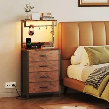 Nightstand with Charging Station, Night Stands with LED Lights and 4 Fabric D...