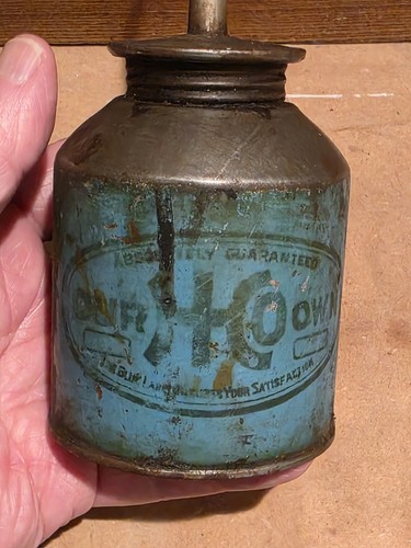 Vintage UNSERE EIGENE HARDWARE Werbung Ölkanne Daumenöler Hofladen blaues Etikett - Bild 2 von 6
