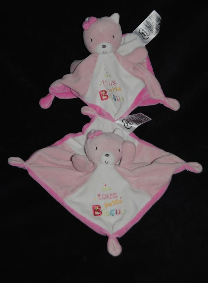 Lot 2 🍀Doudou Plat Ours Rose Blanc MOTS D'ENFANTS Des Tous Petits Bisous Chat - Photo 1/4