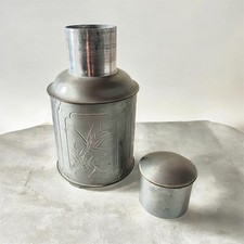 Antique Pewter Tea Caddy Chinese Collectible Art Piece Etched Calligraphy Heavy